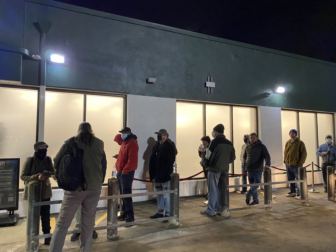 People started lining up before dawn at the RISE dispensary in Bloomfield, which made its first sales just after 6 a.m. Thursday, April 21st, 2022.
